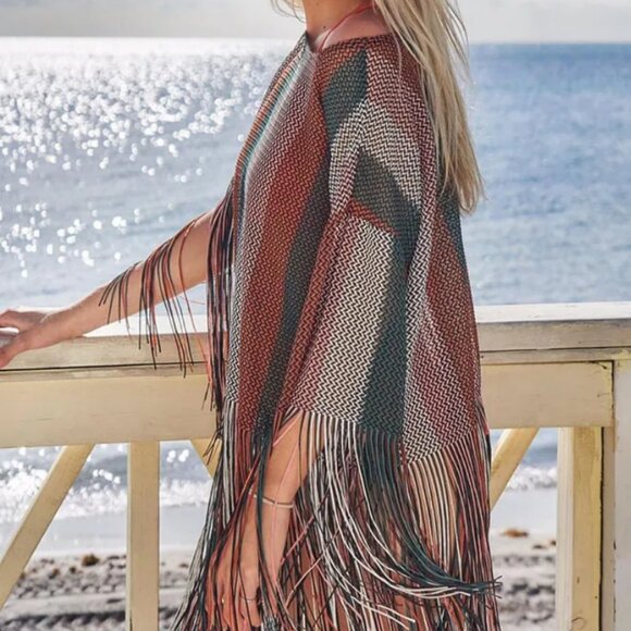 Zara Round Neck Short Sleeve Sheer Mesh Woven Striped Fringe Tunic Top - NWOT - Picture 1 of 14